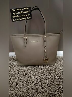 Michael Kors Olive Taupe Leather Tote with Gold Hardware